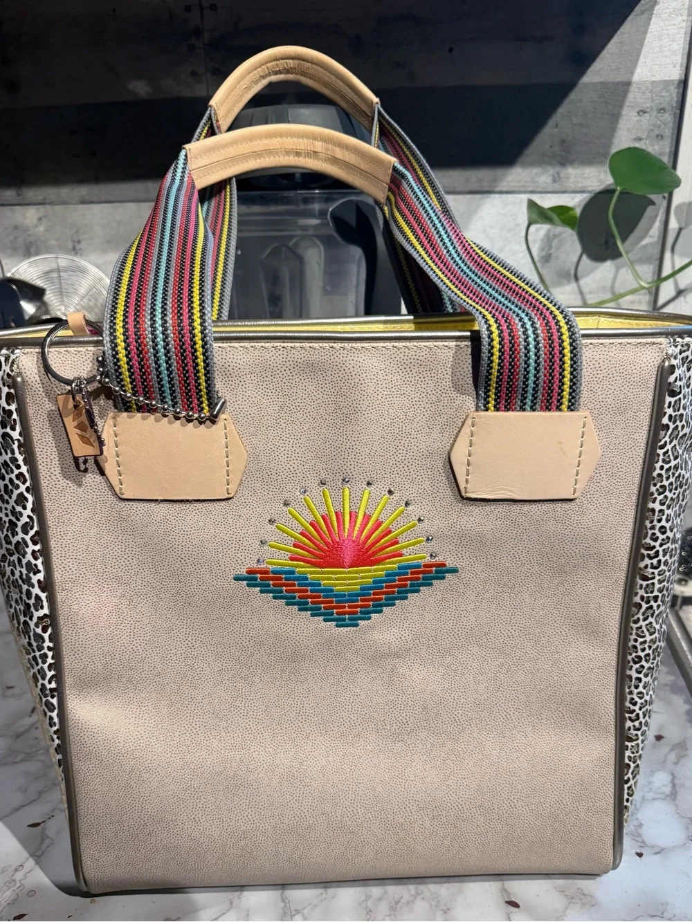 Consuela Beige Tote with Multicolor Sunburst Embroidery and Striped Handles